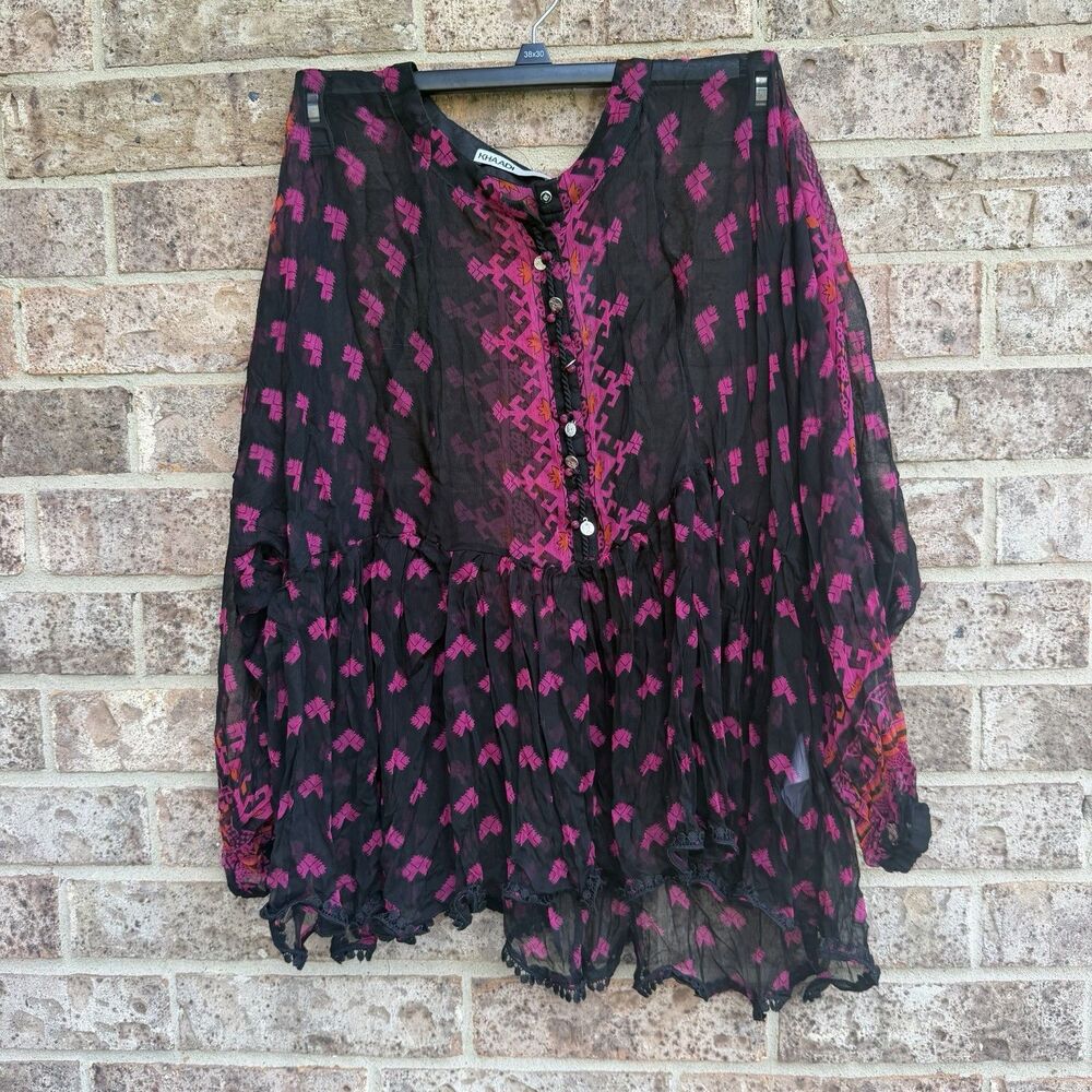 NWT Khaadi Sheer Peasant Blouse Small Black Pink Viscose Pure Chiffon Tunic Boho